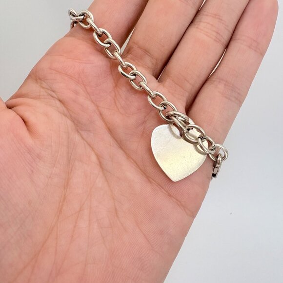 VTG Sterling Silver 925 Heart Tag Round Link Chain Bracelet Size 8.5" Length - Picture 4 of 9